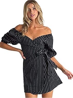 Billabong black and white pinstripe wrap swimsuit coverup dress